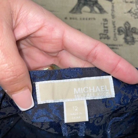 NWOT Michael Michael Kors Navy /Black Metallic Royal damask Print Pant Size 12 - Picture 8 of 10
